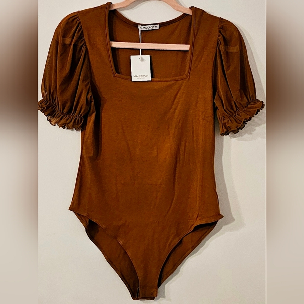Ladies Brown Feminine Puff Sleeve Square Neck Bodysuit